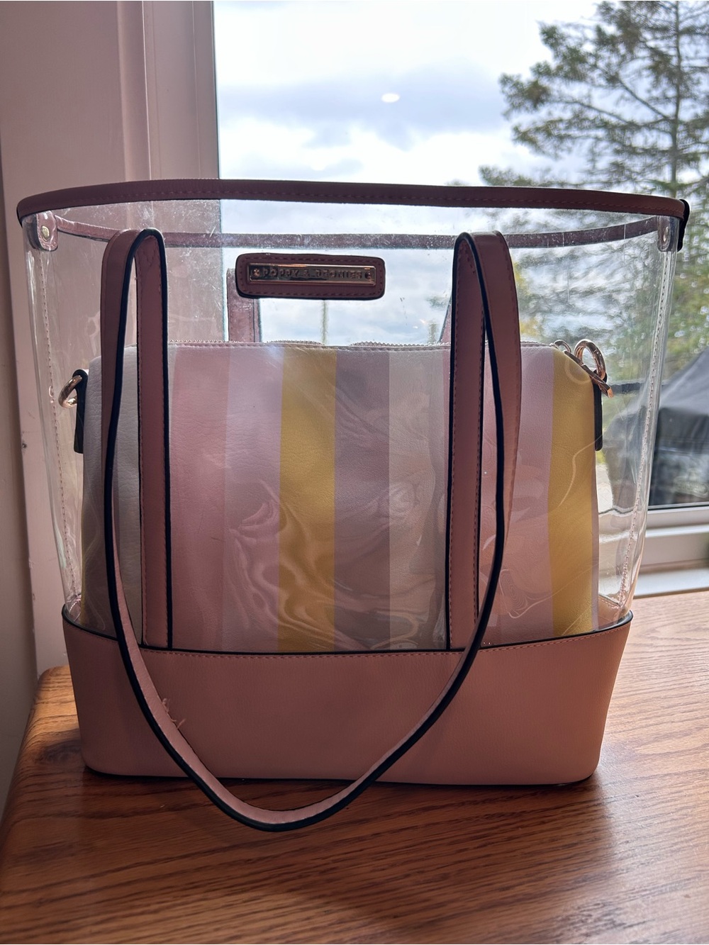 Poppy & Peonies Clear Pink Tote Bag with Striped Purse